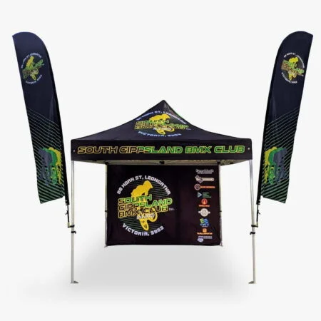 Altegra full custom 3x3m event tent image - a complete 3x3m custom printed canopy with a custom 3m marquee wall and feather banners all branded with team colours and logos.