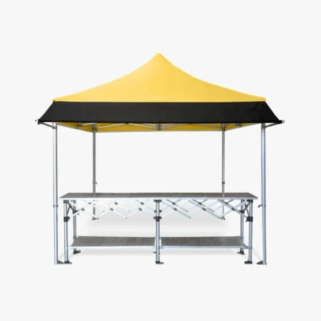 Altegra 3m gazebo awning fitted to our Heavy Duty gazebo with yellow 3x3m canopy and finished with a sturdy folding aluminium table - an example of a robust commercial pop up tent that's highly portable and extensively versatile. Use as a market stall, pit tent, exhibitor's display and more.