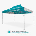 Altegra custom Pro Lite "Compact" 3x4.5m gazebo - custom print your lightweight, commercial-grade 3x4.5m gazebo with your brand and colour selection. This image shows a 2x 4.5 metre valances and a 2x 4.5 metre roof pitches print option and overhead icon.