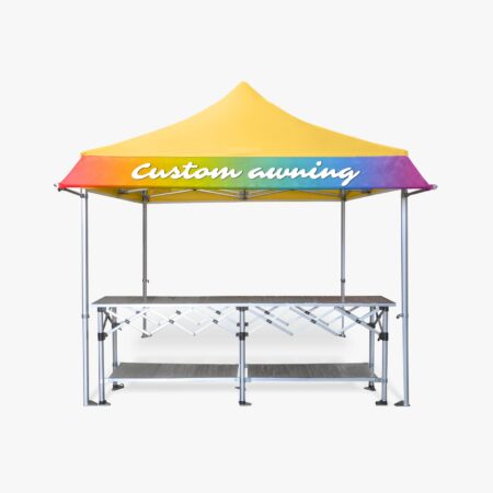 Altegra 3m Custom printed Gazebo Awning attached to a 3x3m Heavy Duty gazebo with yellow canopy and paired with a 3m aluminium folding table - a perfect market stall, exhibitor stand, or entertaining tent starter kit. Custom branded with your colours and title.