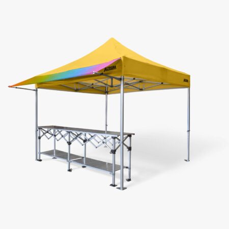 Altegra 3m Custom printed Gazebo Awning attached to a 3x3m Heavy Duty gazebo with yellow canopy and paired with a 3m aluminium folding table - a perfect market stall, exhibitor stand, or entertaining tent starter kit. Custom branded with your colours and title.