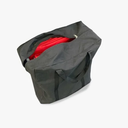 Altegra marquee side walls bag - a black nylon bag with handles and enclosed with a zip. Designed to carry and store up to six 3m marquee walls. Zipper open showing a red 3x3m marquee wall kit inside (not included).